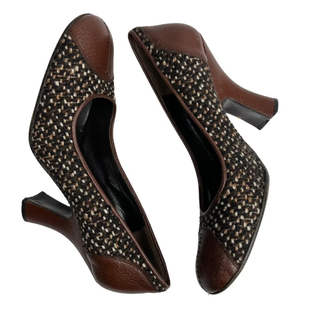 Prada Tweed Woven Marrone Vintage MaryJane Pump Heels Sz: 7.5 (37 1/2) - Picture 5 of 11